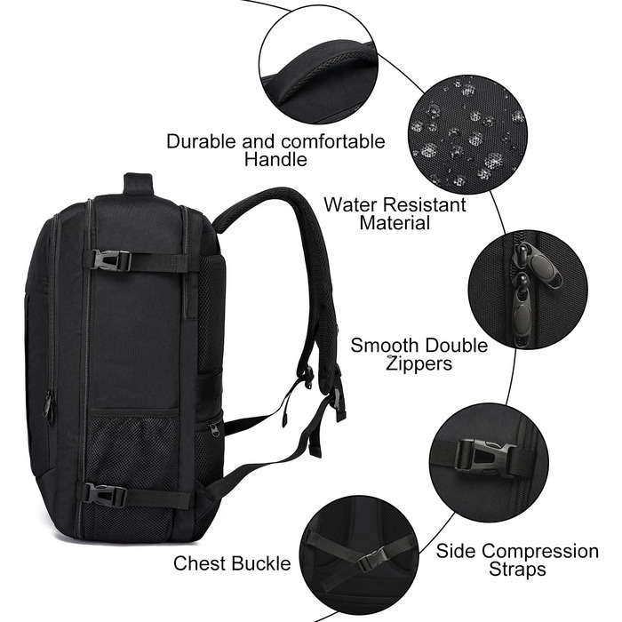 Рюкзак для ручної поклажі 55x40x20 см, місткість 44 л, великий дорожній рюкзак, ручна поклажа 55x40x20 см, дорожня сумка 55x40x20 см, рюкзак для 18-дюймового ноутбука, чорний, Lufthansa 55x40x20 см - 44 л