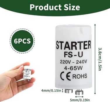 Пакет із 6 стартерів 4-65 Вт, люмінесцентна трубка, сумісна з лампами 4-65 Вт, стартер з тривалим терміном служби для ефективного та безпечного запалювання, 220-240 В, ідеальний для індивідуального перемикання люмінесцентних ламп