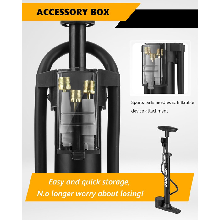 Велосипедний насос VOGORA, підлоговий, 16.5 дюймів (~42 см), 11 бар / 160 PSI, інтегрований циліндр (сталь), чорний