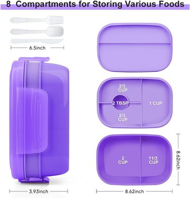 Великий обідній бокс-бенто для дорослих, 1901 мл, герметичний контейнер для ланчу з набором столових приборів для роботи, пікніка та їжі. Колір фіолетовий