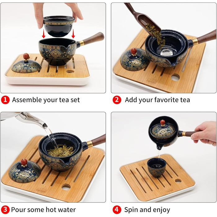 Набір для чайної церемонії Лурьєр, порцеляновий, з обертовим чайником на 360 та ситечком, портативний, в подарунковій сумці ідеальний подарунок для подорожей, дому та відпочинку на природі, блакитний з квітковим орнаментом