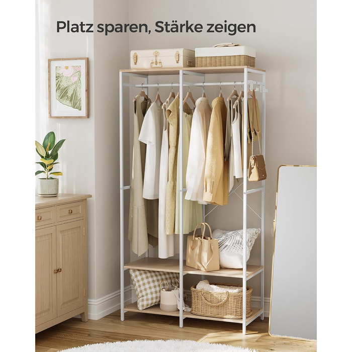 Відкрита шафа, вішалка для одягу, вішалка для пальто, шафа з рейкою для одягу, полиці, знімні гачки, 40 x 94,5 x 180 см, натуральний бежевий RGR004W67 Натуральний бежевий 40 x 94,5 x 180 см