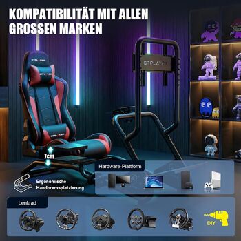 Підставка для керма гоночного симулятора з 3D стереодинаміками, кріпленням для монітора, регульованим кріпленням керма, кріпленням для важеля перемикання передач та педалями (червона)