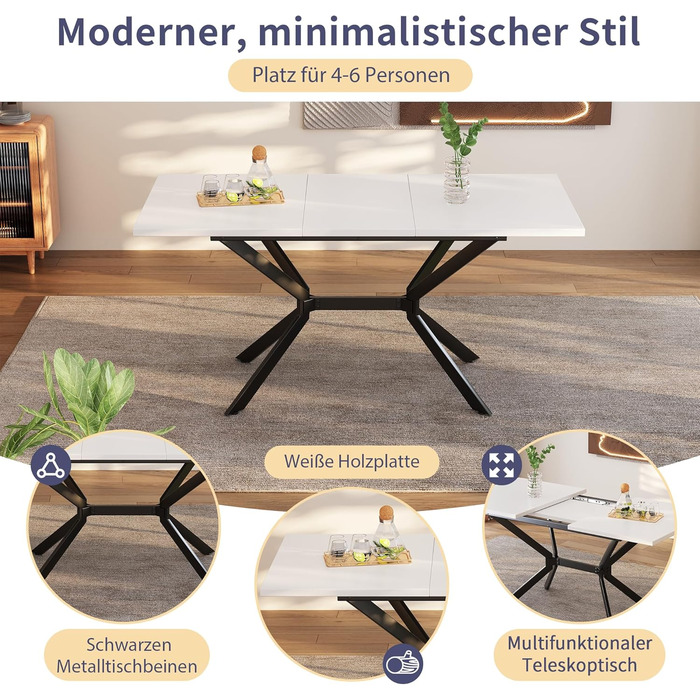 Розкладний обідній стіл Soweiz білий 120/160Д x 80Ш x 75В (см), чорні металеві ніжки, білий прямокутний обідній стіл, підходить для чотирьох-шести осіб, білий чорний 120/160Д x 80Ш x 75В (см)