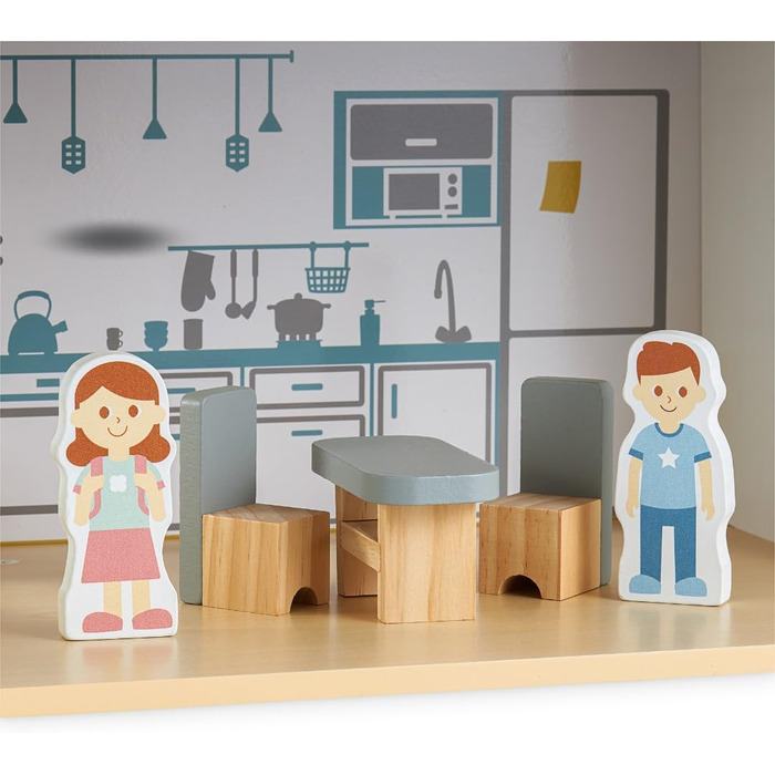 Дерев&39яний ляльковий будиночок Mamabrum, 3-поверховий, з меблями та аксесуарами - Перевірений на безпеку дитячий ігровий будиночок для рольових ігор - Ляльковий будиночок зі спальнею, вітальнею, кухнею та ванною кімнатою, сучасний мінімалістичний