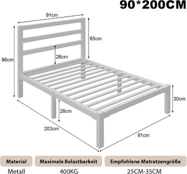 Ліжко 90200 см, металевий каркас ліжка з платформою, узголів&39ям та узніжжям, місце для зберігання речей під ліжком, рейкова основа не потрібна, легке складання, сучасне, біле 90 x 200 см