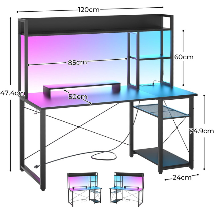 Ігровий стіл з полицею, комп&39ютерний стіл 47 дюймів зі світлодіодним підсвічуванням та розетками, стіл для домашнього офісу з двосторонніми 5-ярусними відділеннями для зберігання та підставкою для монітора, чорний, 120 см.