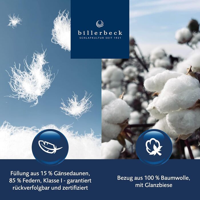 Пухова подушка Billerbeck Martina - 80 x 80 см - Міцна опорна подушка - 15 гусячого пуху та 85 пера