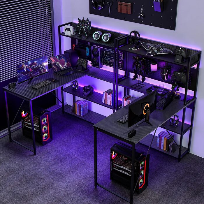 Г-подібний стіл Yansee, ігровий стіл з полицею, світлодіодне освітлення, порт зарядки USB, порт Type-C та розетка, кутовий стіл для домашнього офісу 120 x 50 x 75,5 см, чорний