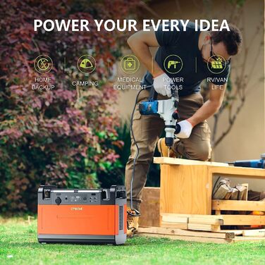 Портативна електростанція CTECHi 1210 Втгод, мобільний накопичувач енергії з акумулятором LiFePO4 та 2 розетками змінного струму 1500 Вт 230 В, сонячний генератор для кемпінгу, самостійного використання та аварійного живлення - помаранчевий 1210 Вт PPS по
