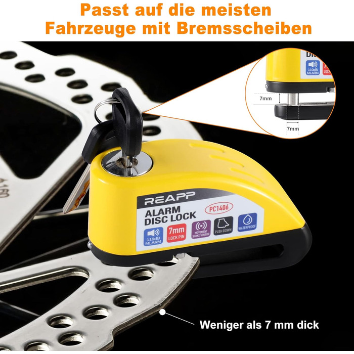 Замок гальмівного диска з сигналізацією 110 дБ, жовтий, для мотоциклів і велосипедів, з 1,5 м кабелем
