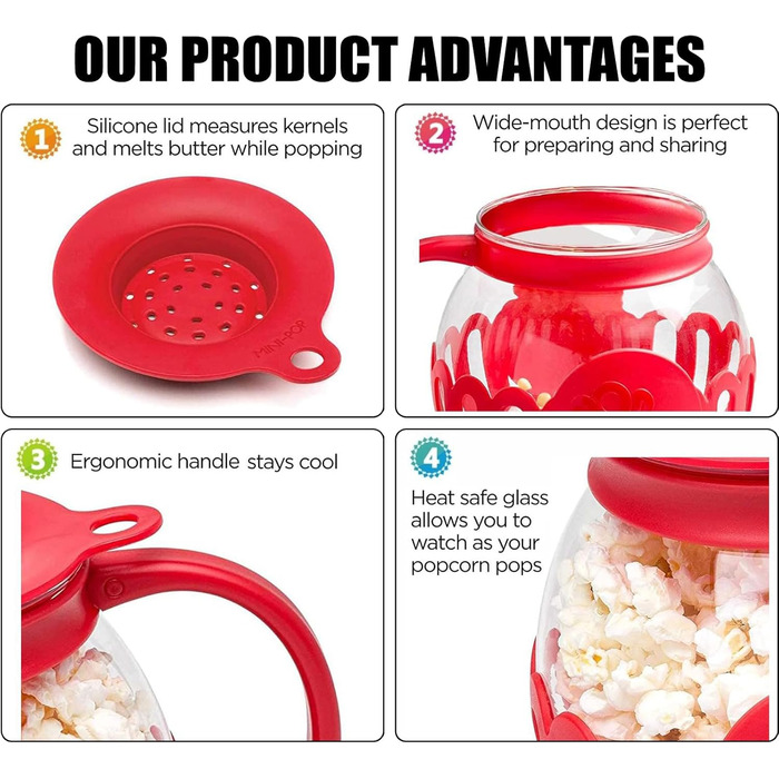 Миска для попкорну в мікрохвильовій печі, горщик для мікрохвильової печі Air Popcorn Snack, машина для приготування попкорну, скло без BPA, можна мити в посудомийній машині, кришка 3-в-1, здоровий попкорн, стійкий до високих температур