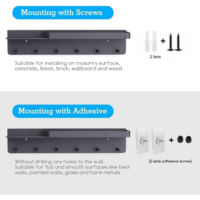 Ключниця Honsdom з полицею і 6 гачками, ключниця чорна, ключниця-органайзер, ключниця без свердління для настінного кріплення для
