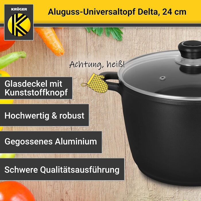 Лита алюмінієва універсальна каструля Krger Delta зі скляною кришкою - 24 см - каструля для приготування здорових та нежирних стра