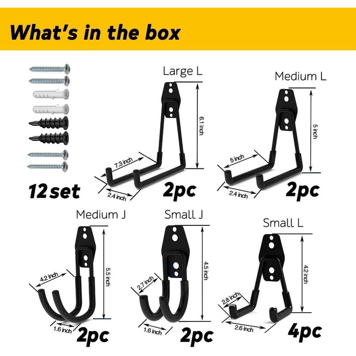 Гачки для обладнання Гачки для зберігання в гаражі, міцні подвійні гачки Настінні гачки для організації електроінструментів, драбин, велосипедів, скейтборду, мотузок Організація гаража своїми руками (чорний), 12 шт.
