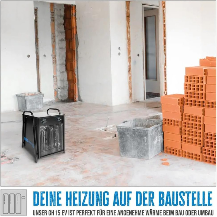 Електричний обігрівач Gde GH 15 EV (400 В, 15 кВт, 3 рівні нагріву 5 / 10 / 15 кВт, продуктивність вентилятора 1292 м/год, споживання струму 22 А, термостат з плавним регулюванням, захист від перегріву та ручки для перенесення) Одинарний