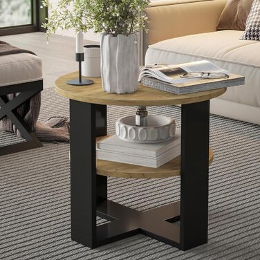 Круглий дубовий журнальний столик Ø53 см - Невеликий журнальний столик з полицею - 2 яруси, круглий сучасний журнальний столик в промисловому дизайні - Зроблено в ЄС Чорний та дубовий Діаметр 53 см