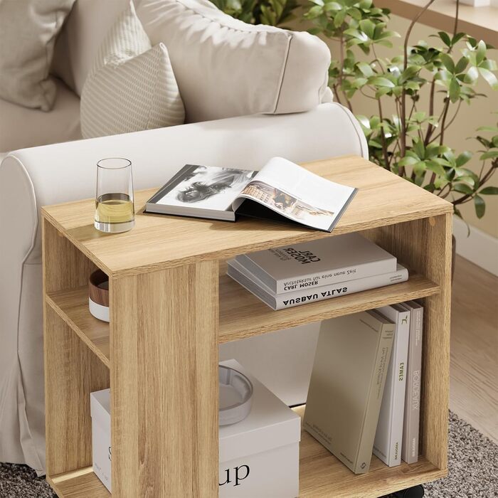 Журнальний столик SoBuy з колесами, 2-ярусний журнальний столик на колесах з відділеннями для зберігання, мобільна книжкова полиця для вітальні, спальні, офісу, Д70 x Ш35 x В60 см, натуральний колір FBT34-N