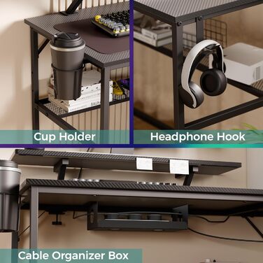 Г-подібний стіл Mondeer зі світлодіодним підсвічуванням, ігровий стіл 130 x 130 см з 2 розетками та 2 портами USB для зарядки, кутовий стіл із сітчастим відділенням для зберігання та гачками, для домашнього офісу та спальні, колір сажа
