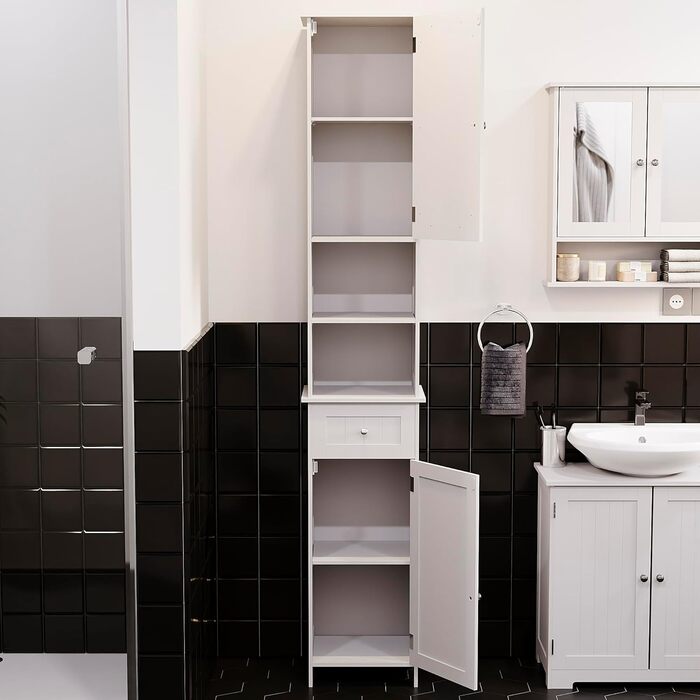 Висока шафа для ванної кімнати Vida Priano з дзеркалом, шафа для зберігання речей, висока підлогова шафа, білий колір Milano, висока біла