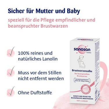 Набір серветок для годування та сосків sanosan - Упаковка з 30 дихаючих і безпечних для шкіри подушечок для годування - Мазь для сосків 100 чистий і натуральний ланолін ідеально підходить для вагітних і грудного вигодовування Набір для грудного вигодовува