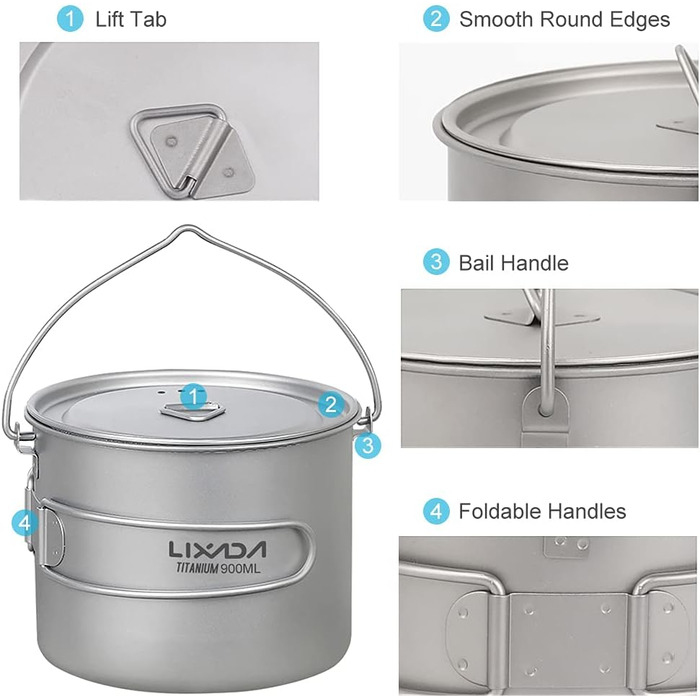 Титановий горщик для кемпінгу, надлегкий титановий горщик/чашка для води об&39ємом 750 мл / 900 мл / 1100 мл з кришкою та складною ручкою для кемпінгу на природі