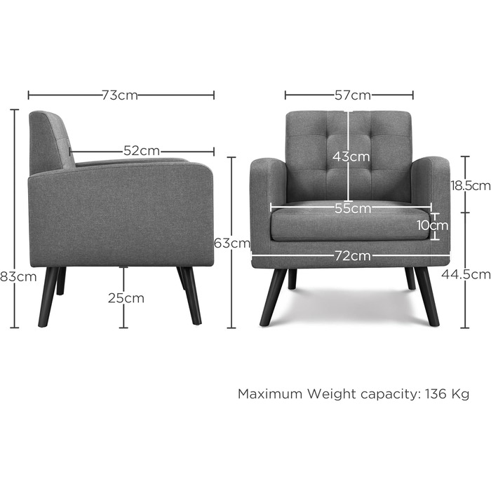 Крісло Yaheetech з підлокітниками, зручне та сучасне, крісло під телевізор, крісло-реклайнер, крісло для вітальні, клубне крісло, диван, вантажопідйомність 136 кг, темно-сірий, темно-сіра поліестерова тканина