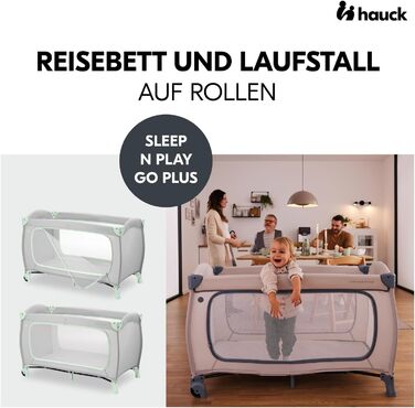 Дорожнє ліжечко Hauck Sleep N Play Go Plus, Dusty Mint - Дитяче дорожнє ліжечко з колесами, сумкою для перенесення, складною основою та великою ігровою зоною - Від народження до 15 кг - Компактне та складане