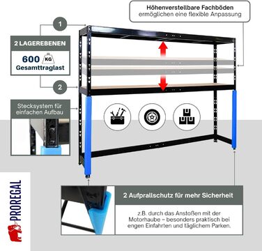 Стелаж для гаража PROREGAL Hercules, компактний, доступний для навантажувача, розміри (ВxШxГ) 180x240x50 см, 2 рівні зберігання, вантажопідйомність полиці 300 кг, чорний, надміцний стелаж, стійка для зберігання