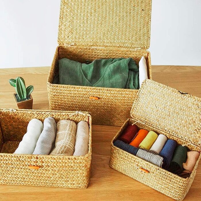 Кошики для зберігання морської трави, плетена коробка для зберігання з ротанга з кришкою та ручкою, прямокутний кошик з морської трави, полиця для зберігання одягу, косметики, книг, 3