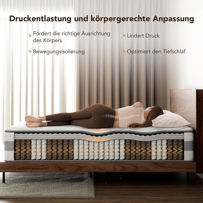 Матрац 180x200 см, висота 25 см, 7-зонний пружинний матрац кишенькової форми, ортопедичний пружинний матрац із шаром піни з ефектом пам&39яті, рівень жорсткості H3/H4, сертифікований Oeko-Tex та CertiPUR-US, 180x200x25 см