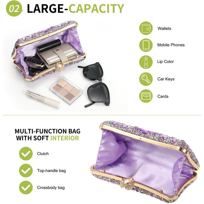Вечірня сумочка для жінок, блискуче кришталеве клатч з ланцюжком на плече для весілля, вечірки, вихідних, світло-ліловий