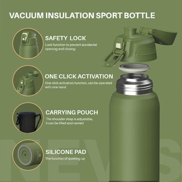 Пляшка для води SANTECO із запобіжником протікання, термопляшка з нержавіючої сталі 1,5 л без BPA, ізольована пляшка з футляром для перенесення, пляшка для води, яку можна мити в посудомийній машині, для подорожей та кемпінгу, мохово-зелена 1500 мл