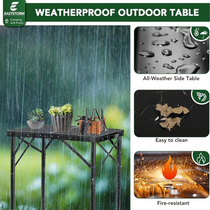 Складаний кемпінговий стіл 60x40 см, 3-рівневе регулювання висоти (25/47/69 см), міцний металевий каркас, складається як валіза для перенесення, ідеально підходить для кемпінгу, пікніків, пляжу та балкону (повністю чорний)