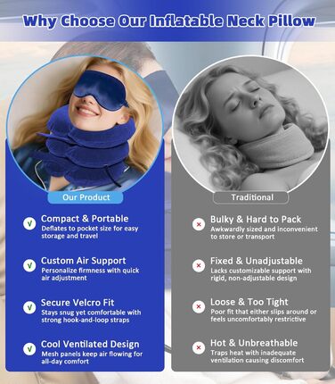 Регульований носильник для шиї надувна подушка для шиї з маскою для сну, підтримка шиї для шийного відділу хребта та полегшення болю в шиї для подорожей, роботи та кемпінгу (синій) Синій 1