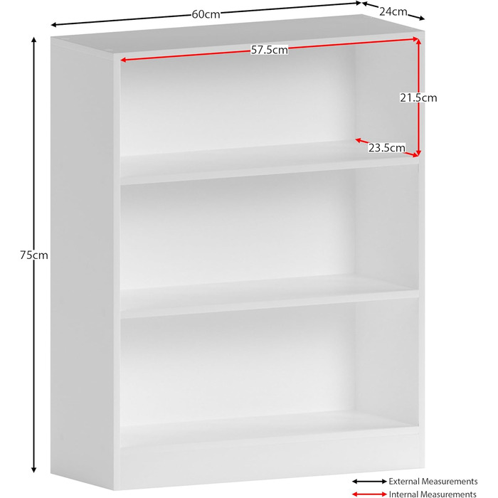 Низька книжкова шафа Vida Designs Cambridge, 3-ярусна, сучасна, компактна, для вітальні, спальні або офісу, окремостояча, В75xШ60xГ24 см (біла) Біла низька (3 полиці)