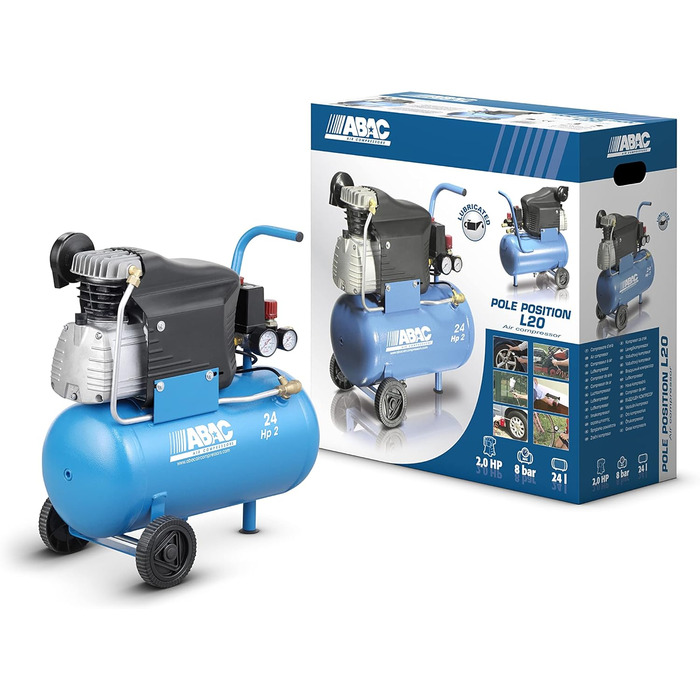 Повітряний компресор ABAC POLE POSITION L20, 24-літровий повітряний компресор, подвійний манометр, макс. тиск 10 бар, впорскування