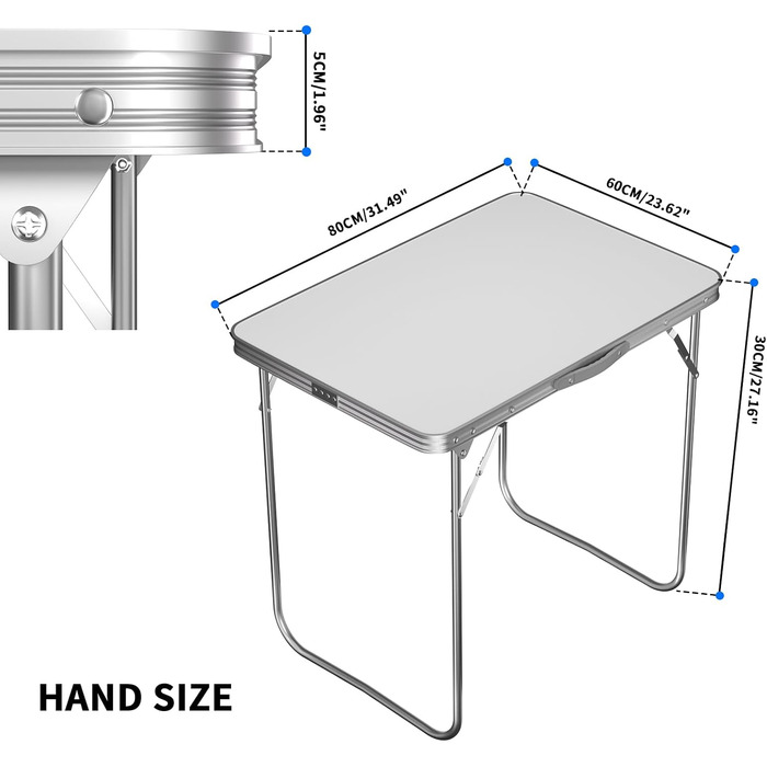 Стіл для кемпінгу зі сталі, розкладний стіл, легкий портативний садовий стіл для пікніків, риболовлі, барбекю, пляжу, вечірок, компактний розкладний стіл, 80 см x 60 см x 69 см (білий) 80 x 60 см