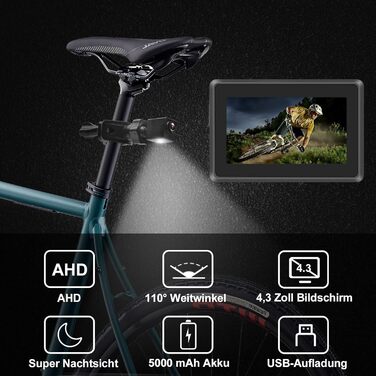Камера заднього виду для велосипедів, дзеркало заднього виду для велосипеда з кутом огляду 110 та 4,3-дюймовим AHD-монітором, поворотне кріплення на 360 з нічним баченням для гірських велосипедів, електровелосипедів, керма, шосейних велосипедів