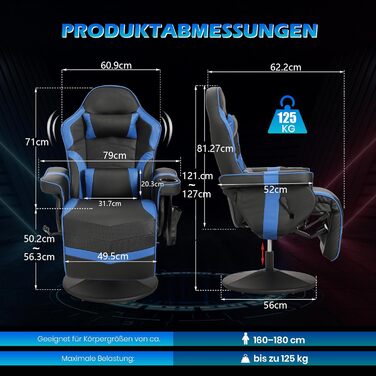 Геймерське крісло з функцією масажу, регульоване по висоті ігрове крісло з висувною підставкою для ніг та підсклянником, ергономічне офісне крісло з підголівником, поворотне гоночне геймерське крісло (синє)