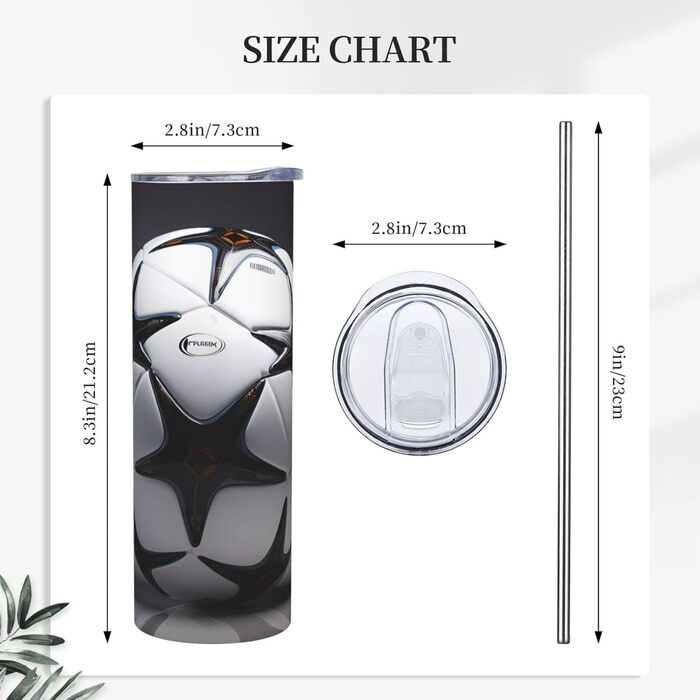 Кухоль з прямою трубочкою, 590 мл, чорно-білий, з футбольним принтом, дорожній кухоль, підходить для кемпінгу, офісу та дому