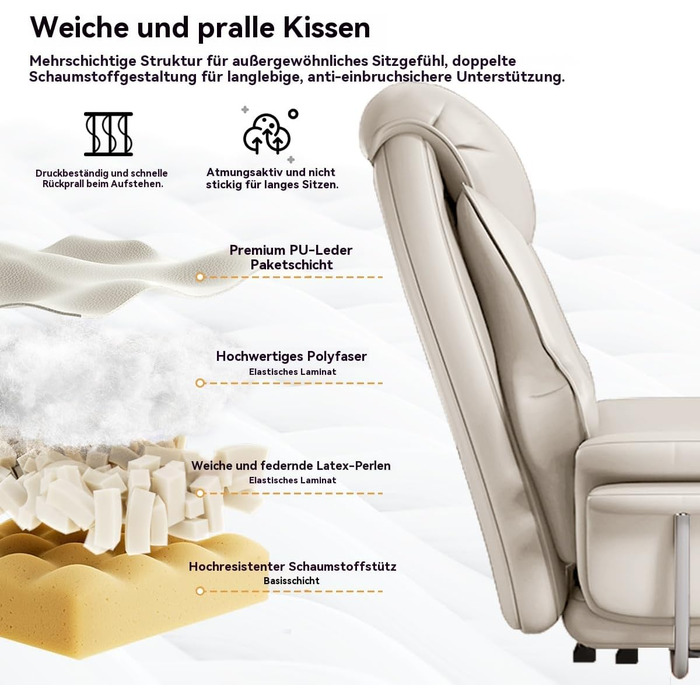 Велике та високе офісне крісло, вантажопідйомність 250 кг, надзвичайно широке шкіряне крісло керівника з висувною підставкою для ніг, міцне ергономічне крісло, комп&39ютерне крісло з регульованою висотою, біле, 59*49*120