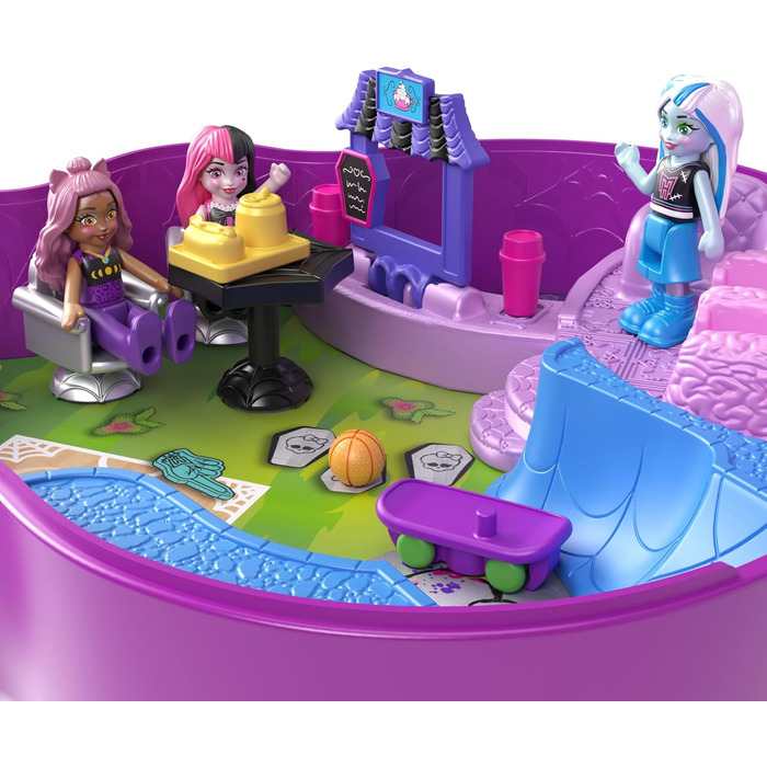 Ігровий набір Polly Pocket Monster High з 3 маленькими ляльками та 10 аксесуарами, шкільний світ всередині, портативна іграшка для подорожей з місцем для зберігання, HVV58
