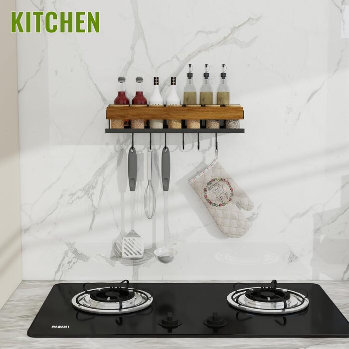 Дерев&39яна настінна підставка для спецій для кухні, підвішується на 6 гачках, вища та ширша, з горіховим покриттям. Органайзер для спецій, не потребує свердління, шурупи в комплекті.