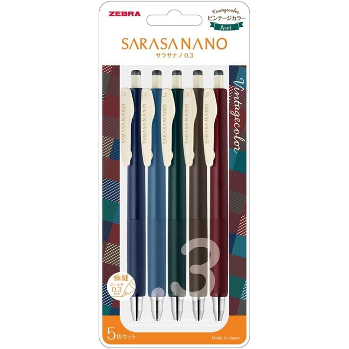 Кулькова ручка ZEBRA гелева Sarasa Nano 0,3 мм Vintage 5-Color 2Set (JJH72-5C-A та JJH72-5C-B)Товари паралельного імпорту(імпорт з Японії)