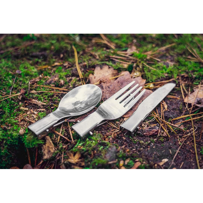 Туристичні столові прибори NEO TOOLS 3 в 1 ложка, ніж, виделка, складаний дизайн, вага 70 г, матеріал нержавіюча сталь, футляр для перенесення, сертифікат відповідності харчовим продуктам LFGB