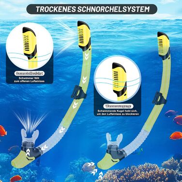 Набір для дорослого підводного плавання, 7 предметів спорядження для підводного плавання з маскою проти запотівання, ластами, сухою трубкою, водонепроникним чохлом для телефону, берушами та сумкою для перенесення, жовтий, S/M