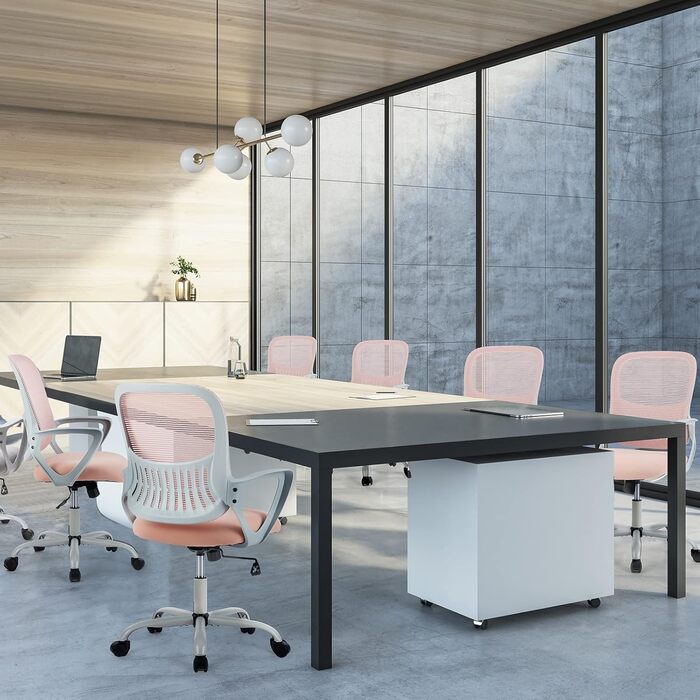 Ергономічне офісне крісло Sweetcrispy, стілець для роботи з поперековою опорою, регульована висота, офісне крісло з підлокітниками, підходить для офісу та спальні, сіро-рожеві фіксовані підлокітники