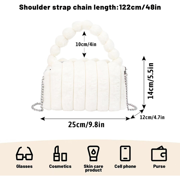 Біла пухнаста вечірня сумочка-клатч зі штучного хутра на ланцюжку для весілля, випускного або вечірки