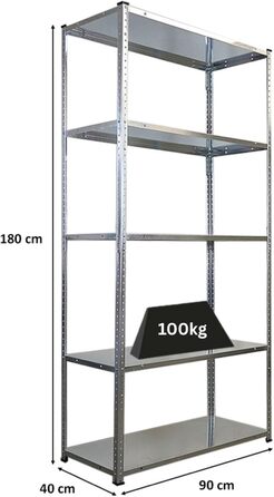 Безригельний стелаж PROREGAL Haldor з металевими полицями, 180 x 90 x 40 см (В x Ш x Г), 5 рівнів, вантажопідйомність полиць 100 кг, оцинкована сталь, металевий стелаж, кухонний стелаж, стелаж для підвалу, стелаж для гаража, стелаж для зберігання, 180 x 9